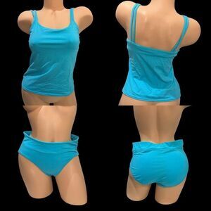 Land’s End Vintage 2 Piece Swimsuit Tankini Lined Blue Teal Size 6
